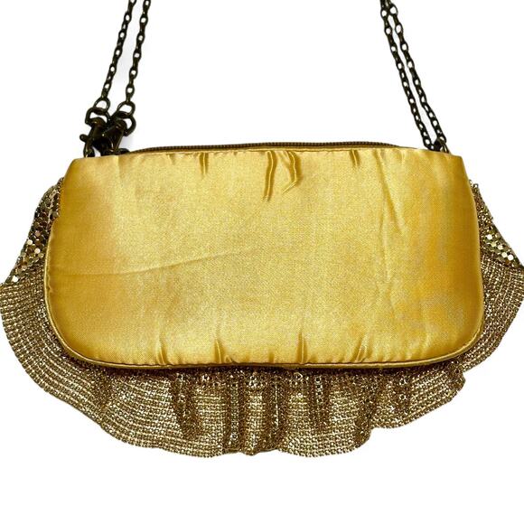 Shimmering Gold Mesh Evening Bag Zip Clutch Crossbody Glam Satin Chain Strap - Picture 10 of 10